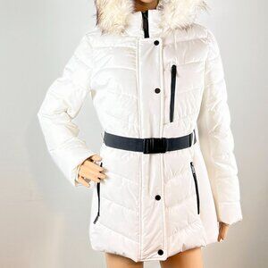 NWT London Fog White Belted Puffer Jacket, Faux Fur Hood, Size M - Winter Coats